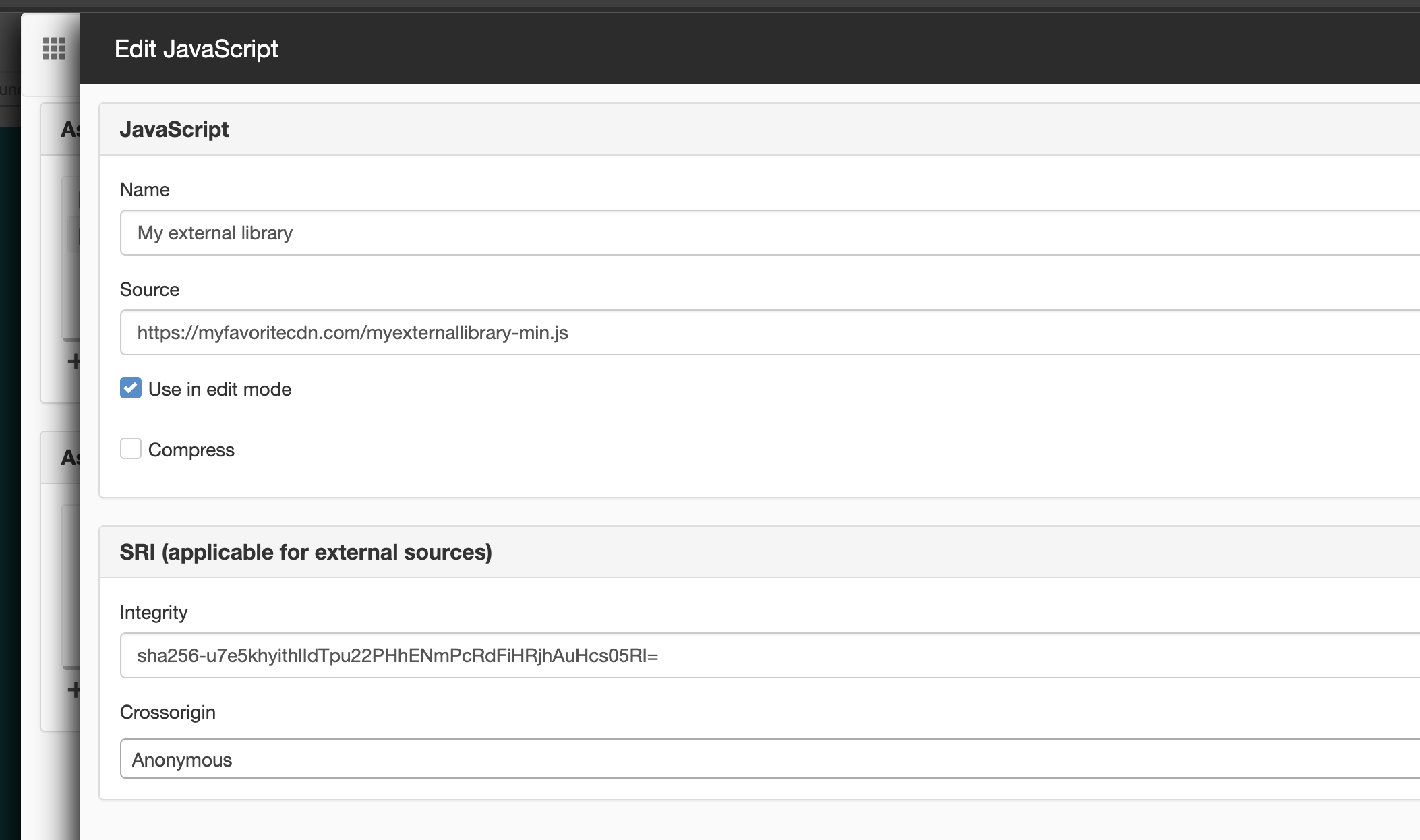 Screenshot showing the settings for SRI in javascript addons.