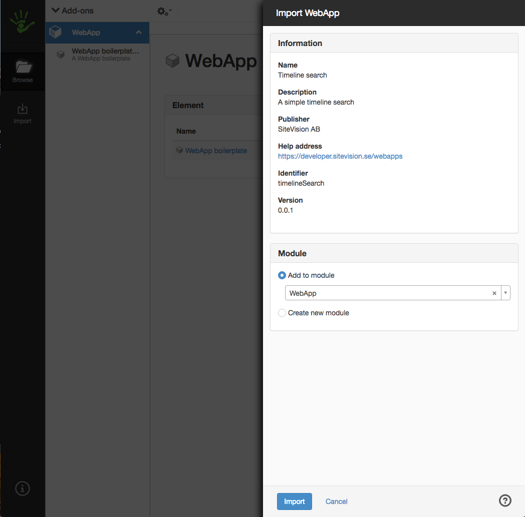 Upload WebApp panel in the Sitevision editor