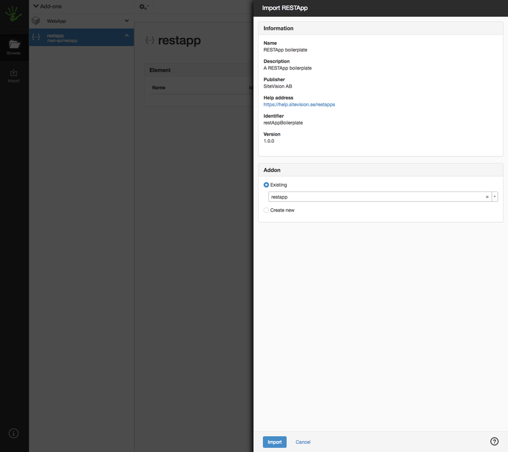 Upload RESTApp panel in the Sitevision editor