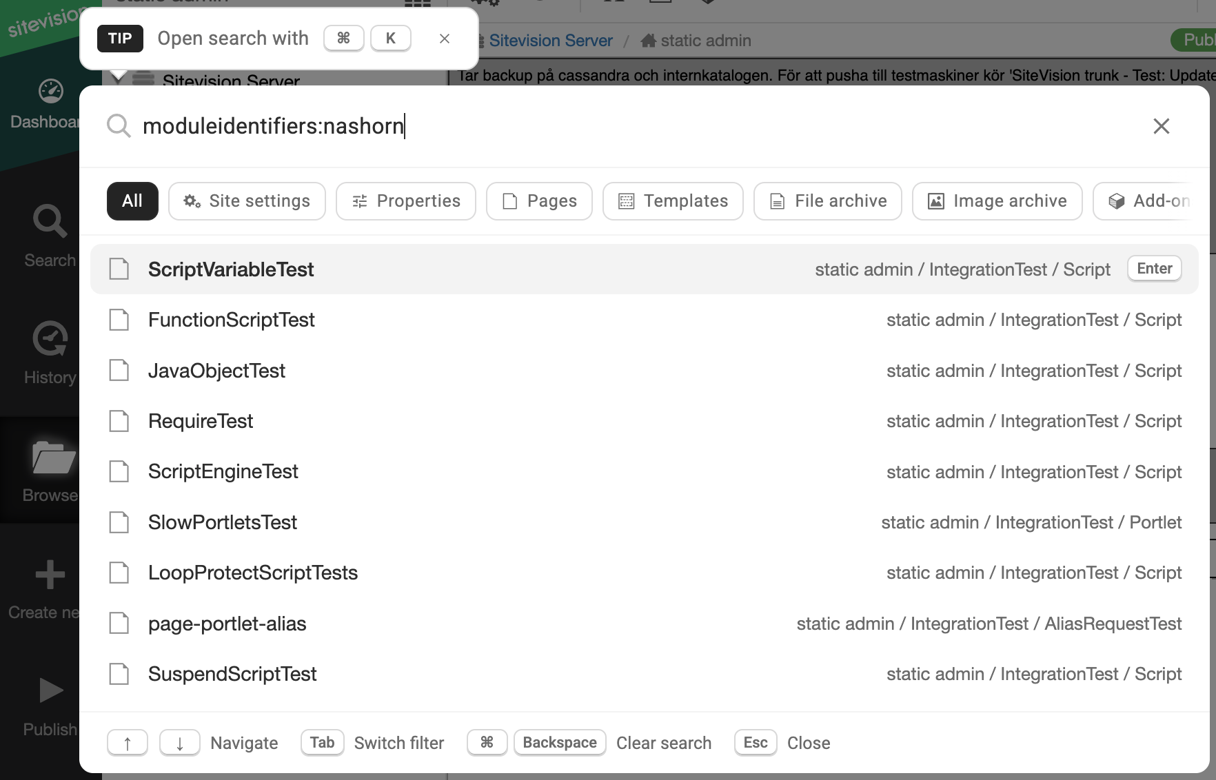 Sitevision edit UI example that shows how to query all pages with a Nashorn Script module