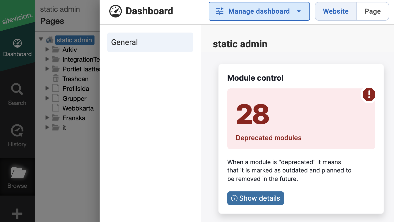 Module control Widget on the site dashboard