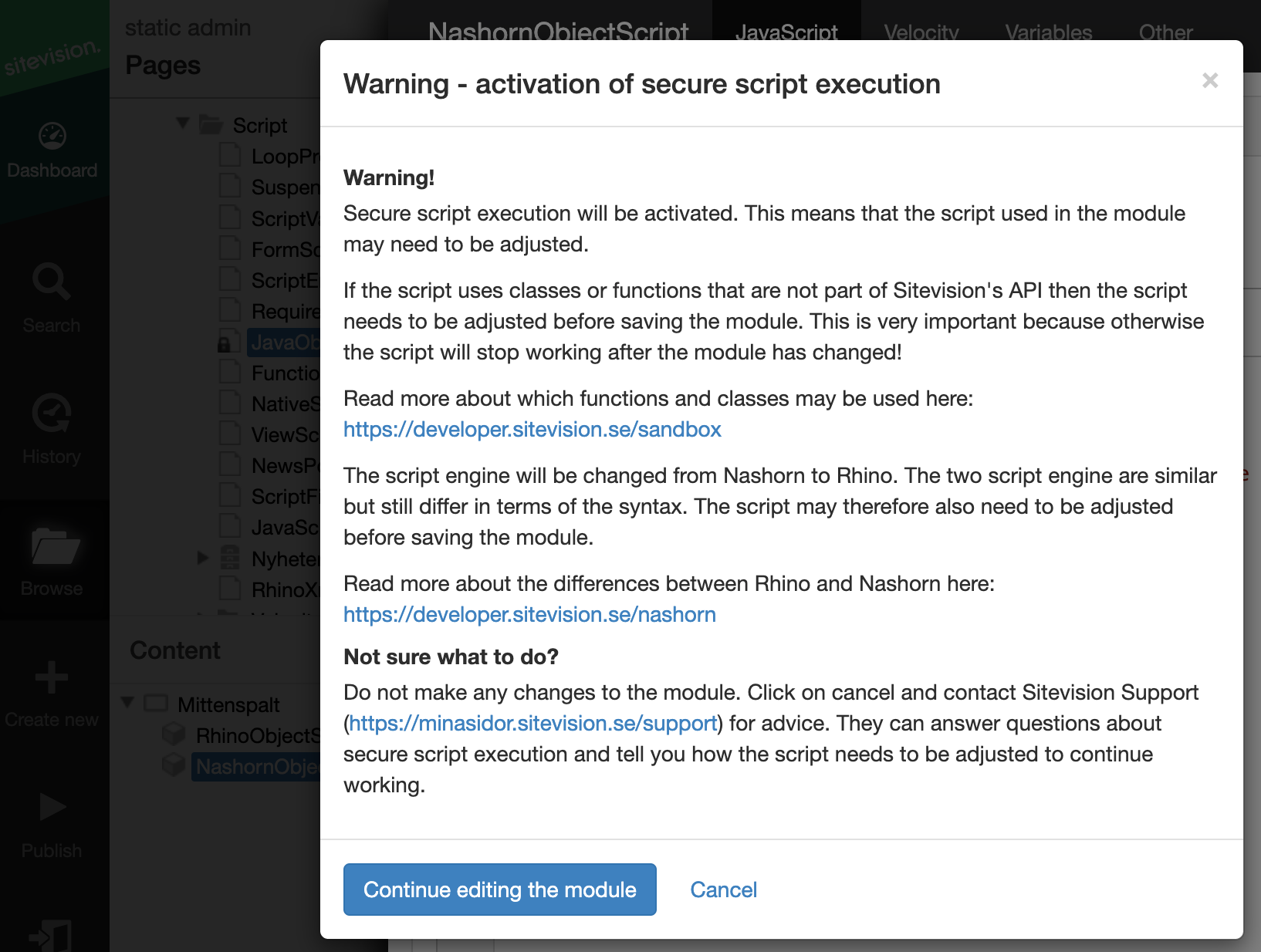 The dialog when double-clicking a Nashorn Script module