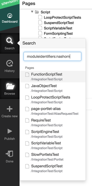 Sitevision legacy edit UI example that shows how to query all pages with a Nashorn Script module