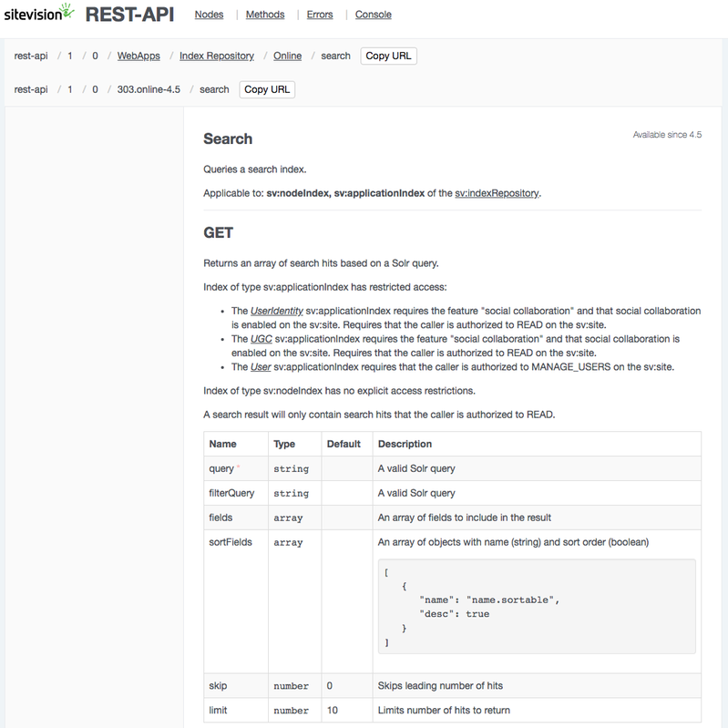 REST API documentation for the Search method on the OnlineIndex